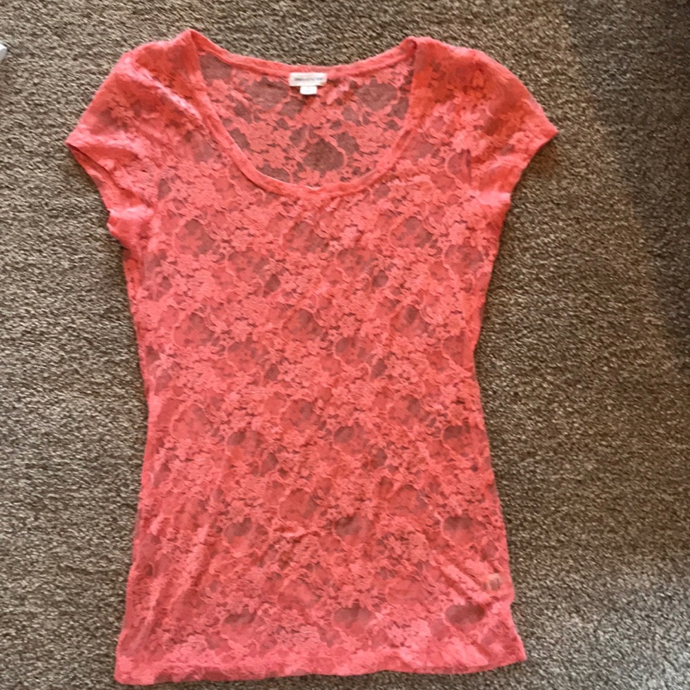 Pink lace see through short sleeve top